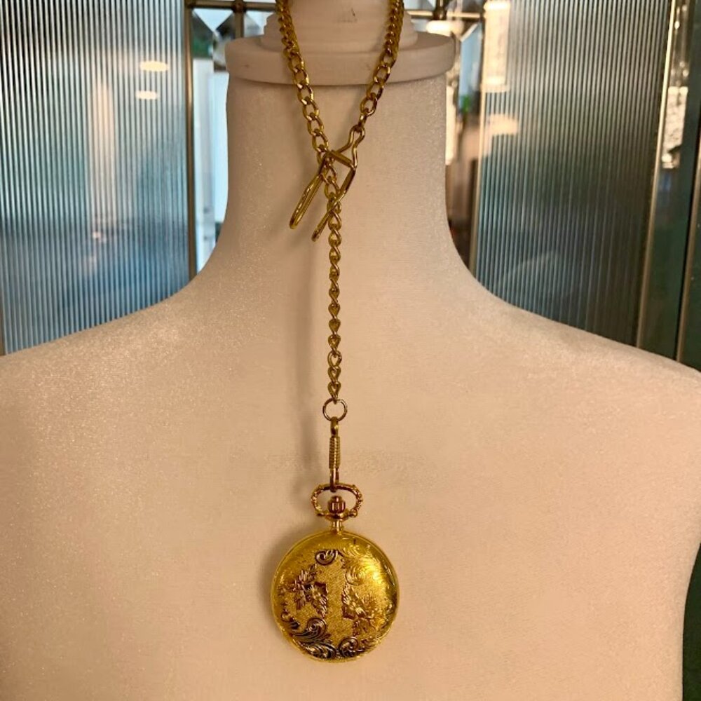 VTG ~ Ciprini Pocket Watch with Chain Quartz Gold Tone